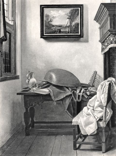 Studio Fotografico Perotti — Man Cornelis de - sec. XVII/ XVIII - Interno di studio con strumento musicale, libro, tessuti e brocca — insieme
